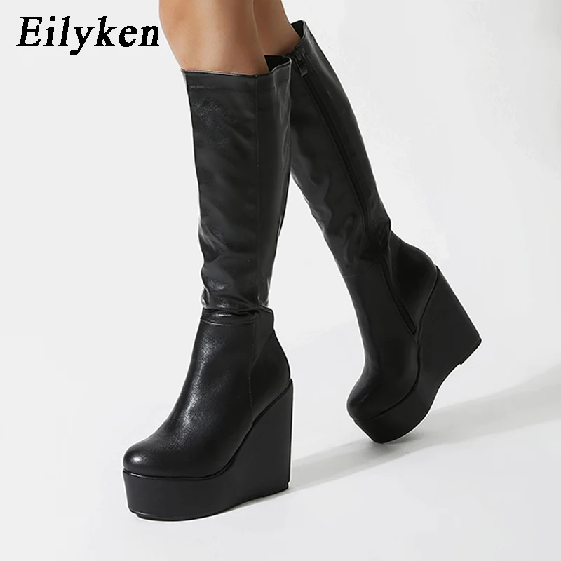 wedge boots knee high black