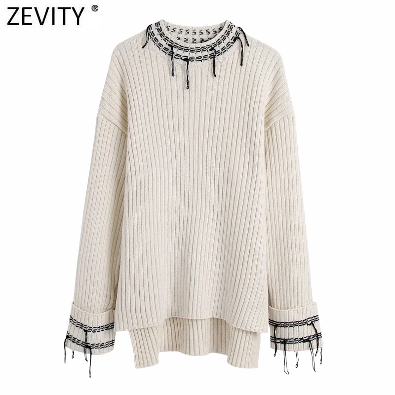 Zevity Women Vintage Black Line Stitching Patchwork Casual Knitting Sweater Female Chic Irregular Hem Pullover Tops SW934