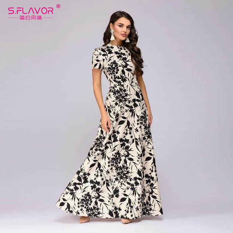 S.FLAVOR Women Long Dress Short Sleeve 