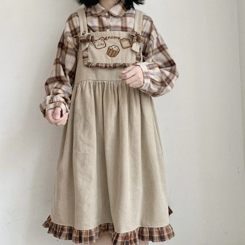Lolita Cute Bear Corduroy Overall Dress 