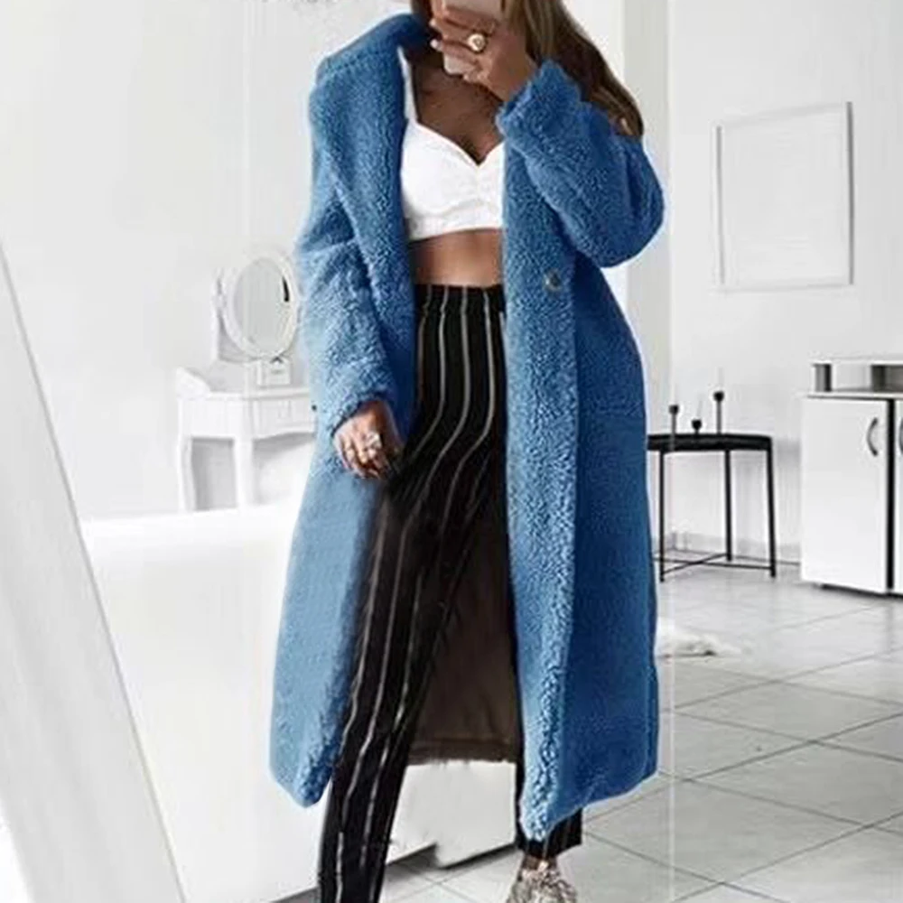 long teddy coat blue