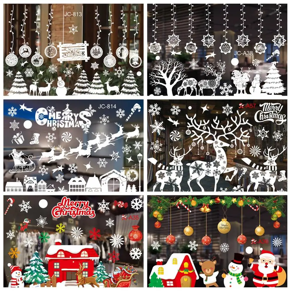 Merry Christmas Decor Window Stickers Santa Elk Wall Sticker For Christmas Home Door Window Display Decor Happy New Year 2022