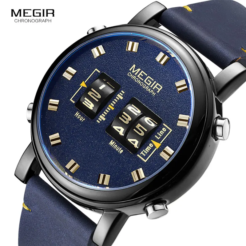 Acquistare Orologi da uomo | MEGIR Drum Roller Watch Men Top Luxury Brand  Man Military Sport Quartz Wrist Watches Blue Leather Digital relogio  masculino 2137