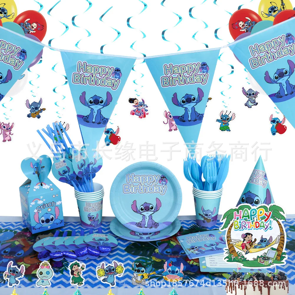 Sky Lilo & Stitch Disposable Tableware Sets Decoration Party favors Plates  Fork Flag Children Kids Birthday Party Supply