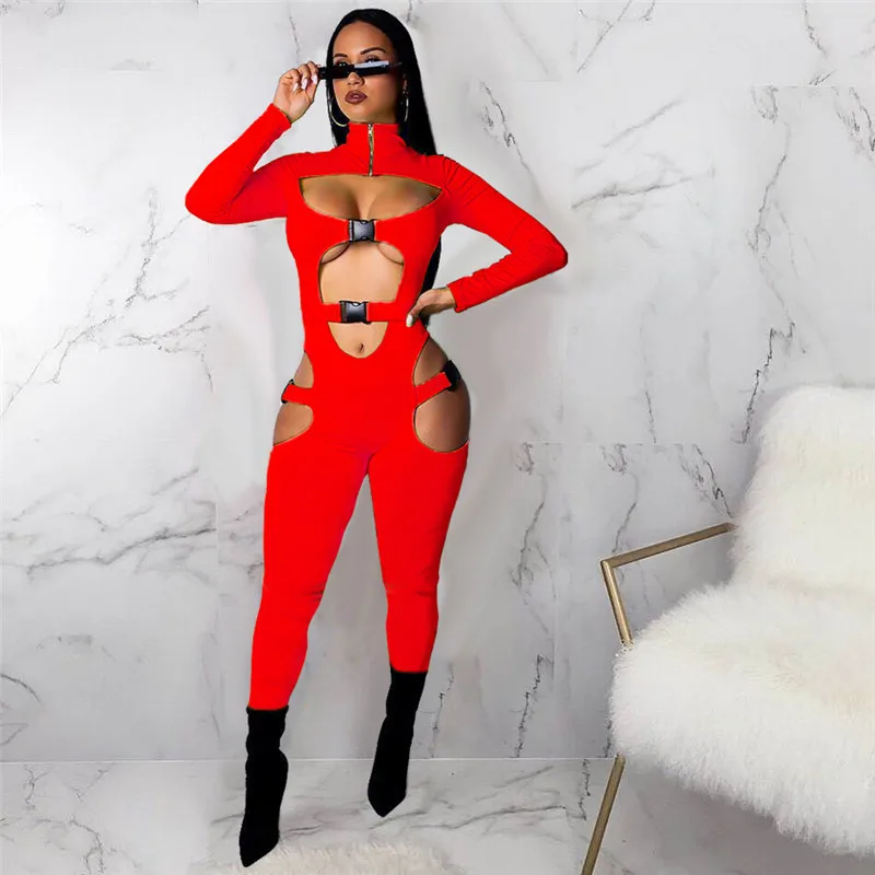 Women Bodycon Buckle High Neck Jumpsuit 