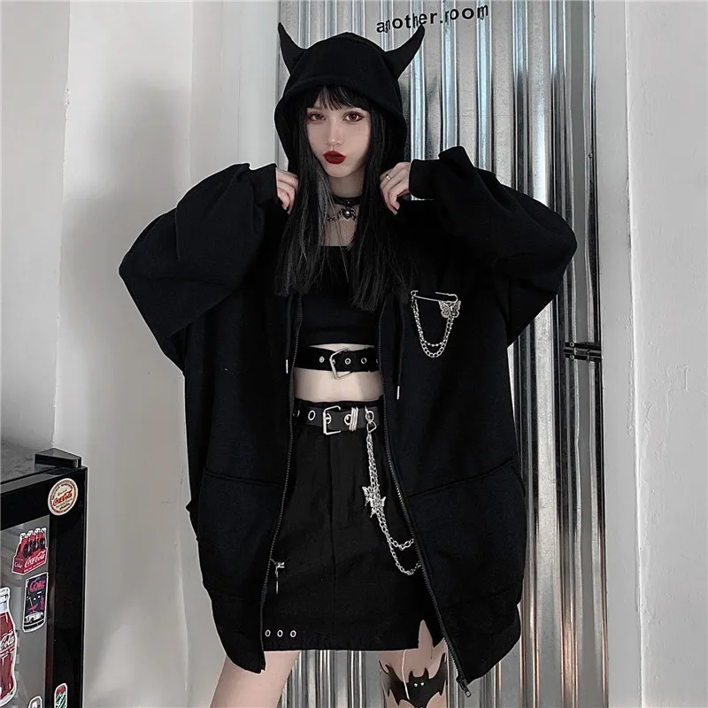 Black Goth Harajuku Thin Hoodie Women 
