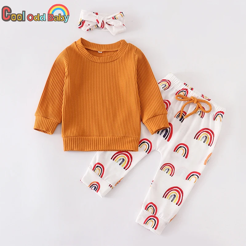 קנו בגדי תינוקות - בנות | Newborn Baby Girl Clothes Set Fall Fashion Solid  Knit Long Sleeves Top Rainbow Pants Headband Spring 3Pcs Infant Clothing  Outfit
