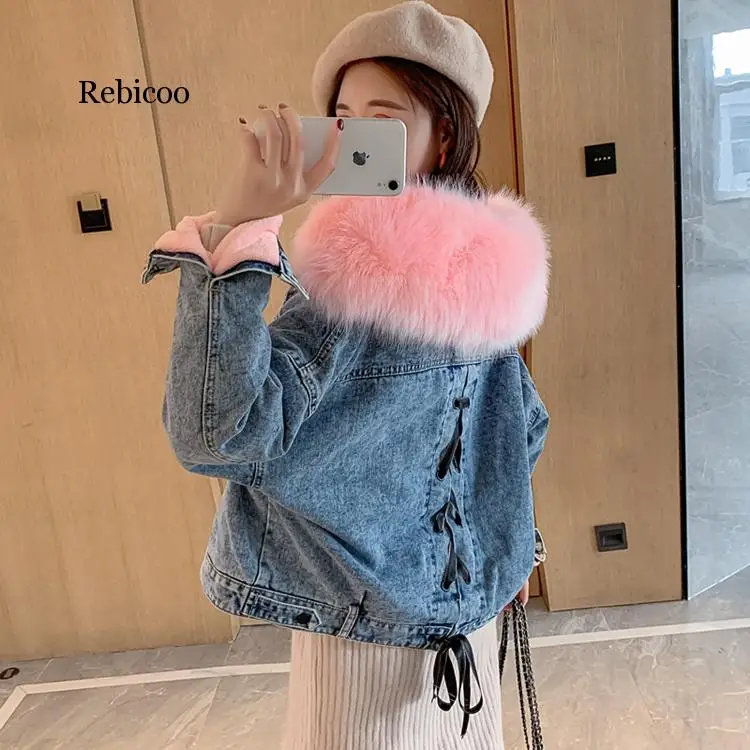 Winter Women Denim Jacket Faux Fur 