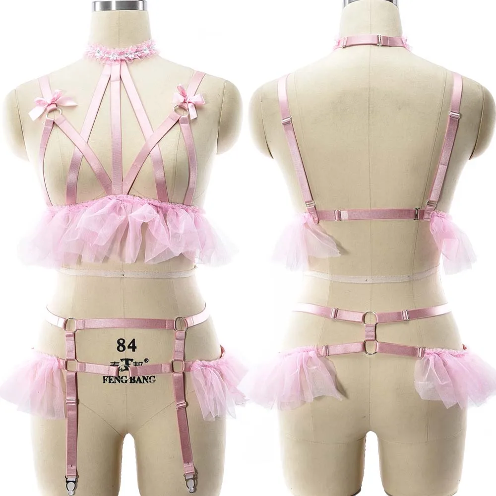 Pink Bow Full Body Harness Garter Belt Bra Set For Women Plus Size