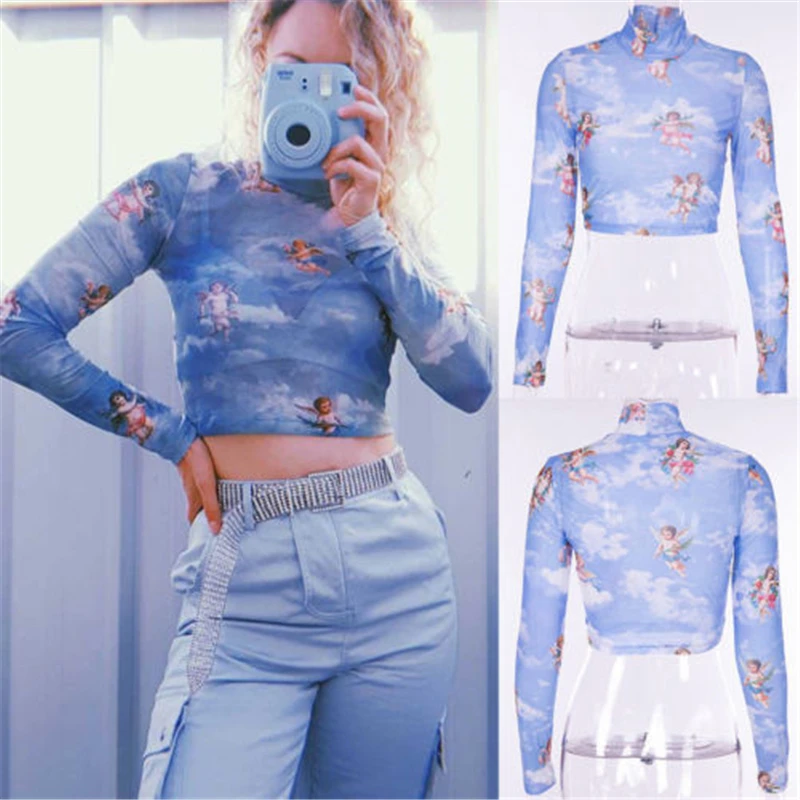 Women Mesh Cupid Angel Turtleneck Tops 