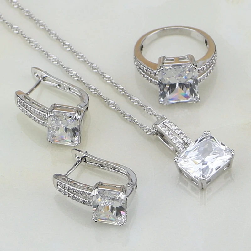 925 Silver Jewelry Sets For Women Wedding Accessories White Cubic Zirconia Crystal Earrings/Pendant/Necklace/Ring-animated-img