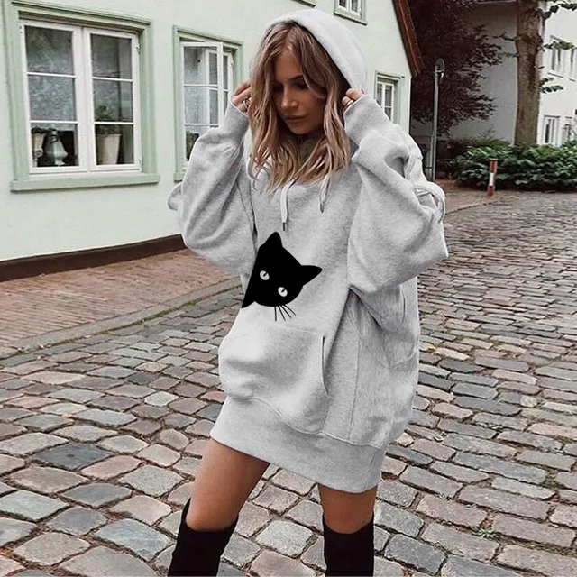 ELSVIOS Cute Cat Print Sweatshirt Dress 