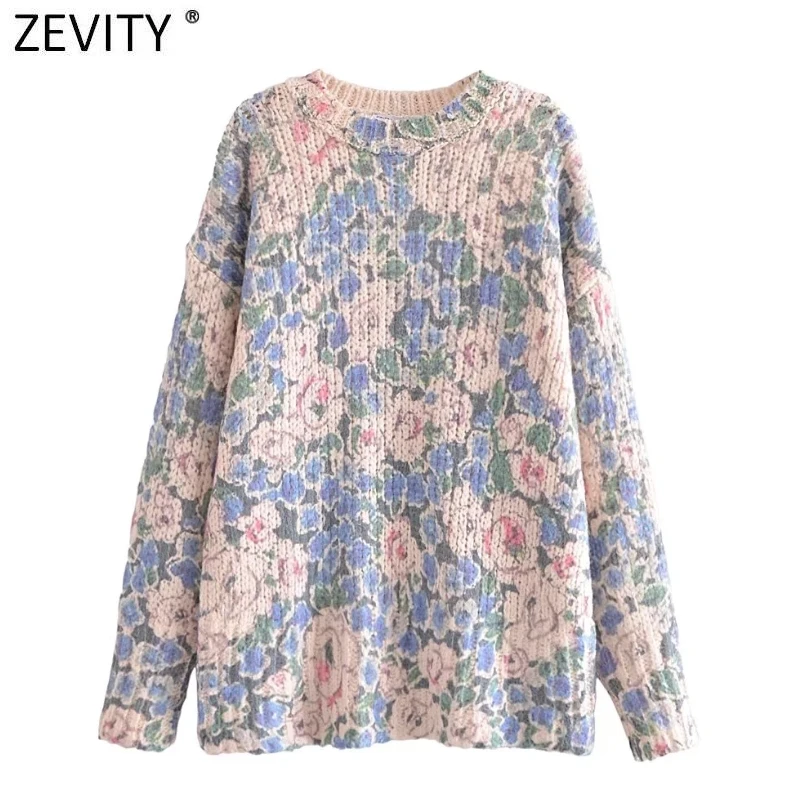 Zevity New Women Sweet Floral Jacquard Loose Knitting Sweater Female Chic Basic O Neck Long Sleeve Leisure Pullover Tops SW1027