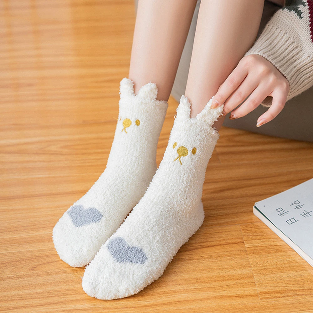 Women Winter Fluffy Fuzzy Slipper Socks 3D Cartoon Animal Coral