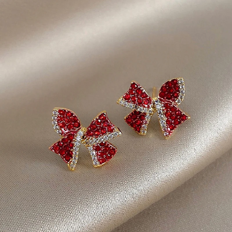 Christmas Red Zircon Crystal Bow Stud Earrings For Women Heart Shape Bowknot Christmas Earring Girl New Year Festival Jewelry-animated-img