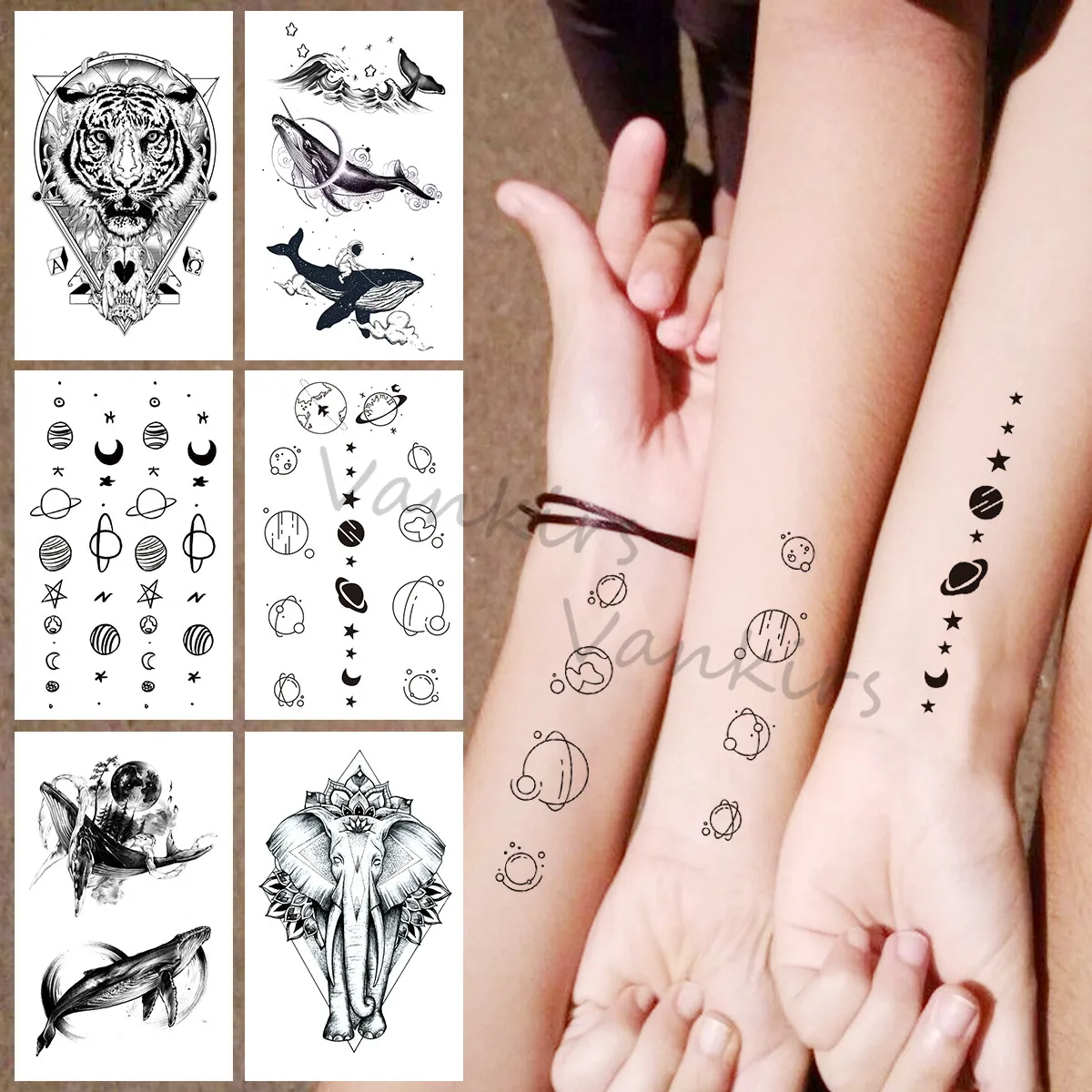 Minimalist Planet Universe Temporary Tattoos For Women Men Adult Realistic Tiger Whale Elephant Fake Tattoo Sticker