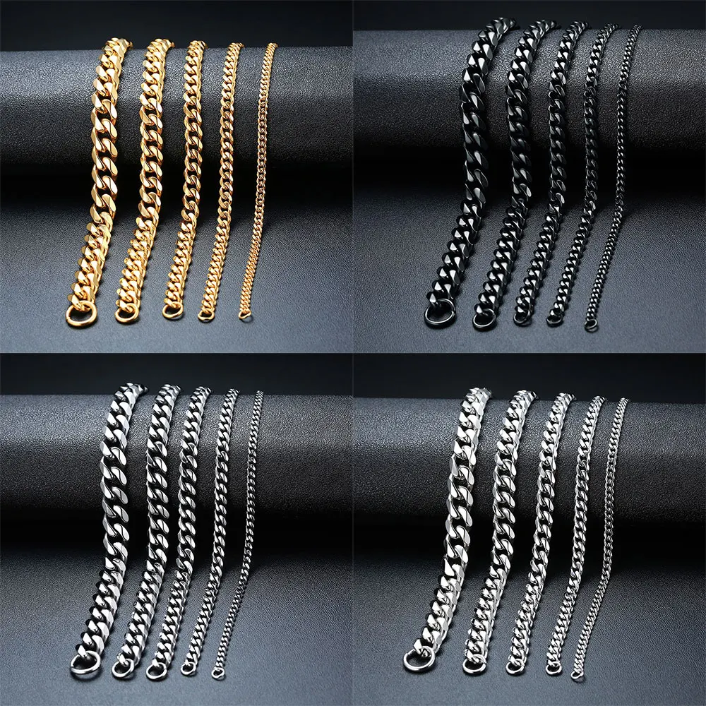 New 3-11mm Men Women Stainless Steel Curb Cuban Link Chain Bracelets Silver Color Black Gold Bracelet  Jewelry Gift Accessories-animated-img