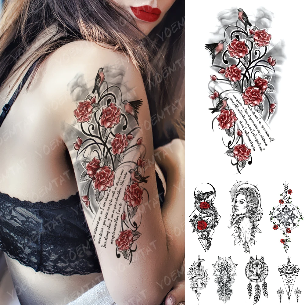 Agora Tatoyaz Waterproof Temporary Tattoo Sticker Red Rose Bird Poem Flash Tattoos Dragon Snake Sword Body Art Arm Fake Tatoo Women Men