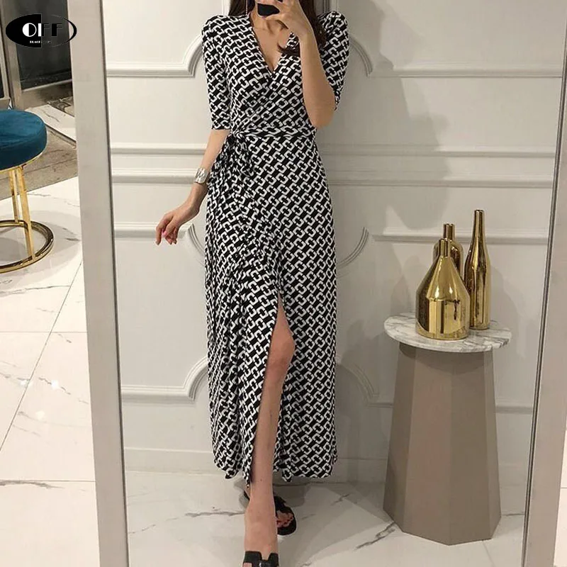 Women Summer maxi Dress V Neck Slim 