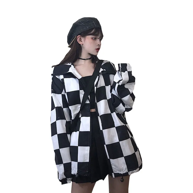 white and black plaid coat