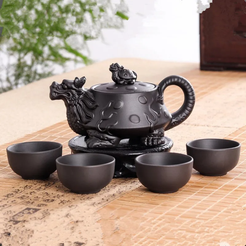 Authentic Yixing Dragon Teapot Sets 5pcs Ceramic Purple Clay Kung Fu Tea Set 1 Teapot + 4 Cups Handmade Zisha Teapot Set
