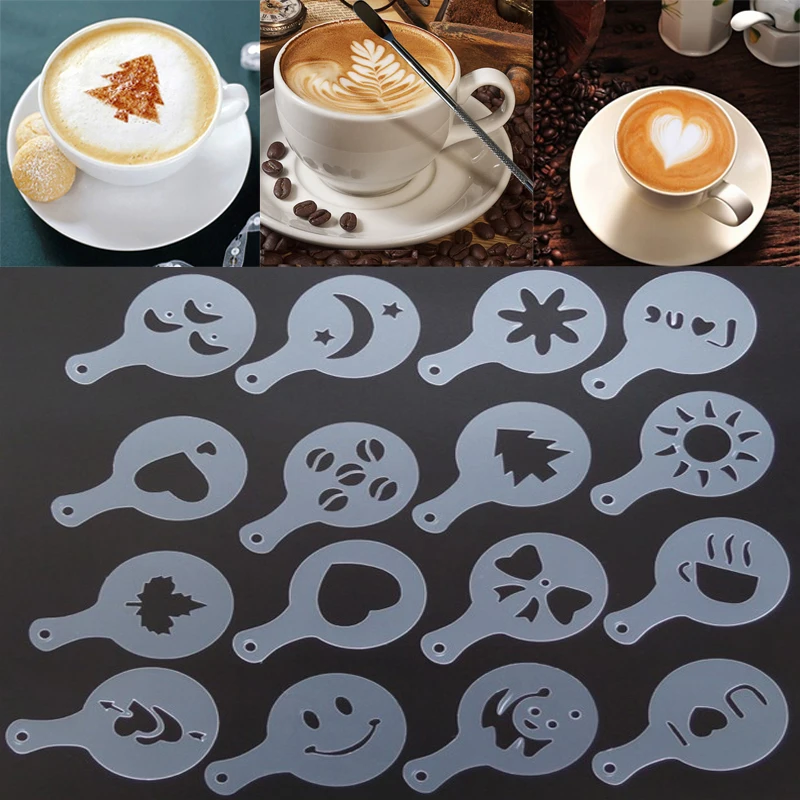 16Pcs/Set Mixed Style Cappuccino Latte Coffee Stencils Duster Cake Mold  Spray Coffee Art DIY Stencils Set