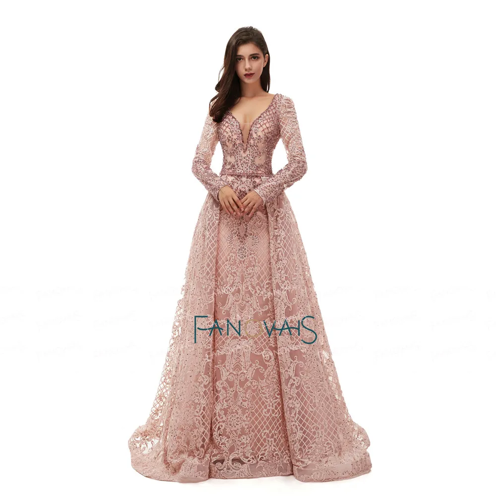 V Neck Sheer Top Beaded Prom Dress 2020 