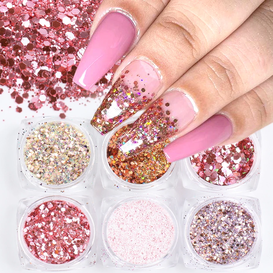 Mirror Iridescent Nail Art Sequins Holographic Mixed Hexagon Chunky Nail  Glitter Powder Flakes Sparkly Spangles Manicure LAGB