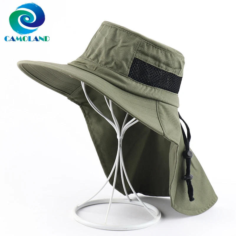 Купить Мужские головные уборы  CAMOLAND High Quality Summer UV Protection  Sun Hat Women Mens Cotton Bucket Hat With Neck Flap Wide Brim Hiking  Fishing Caps