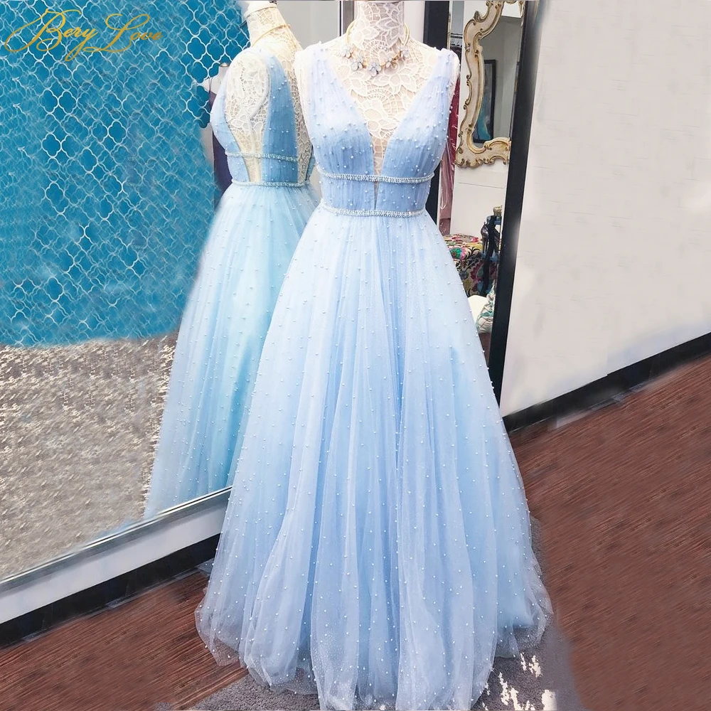 Light Blue Prom Dress Pearls Long Young 