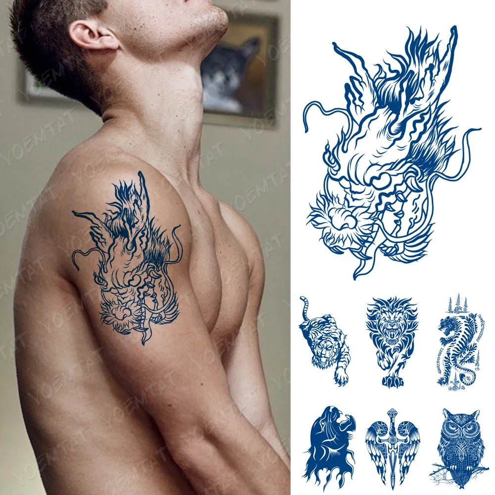 Waterproof Temporary Tattoo Sticker Juice Ink Tattoo Body Art Longlasting  Scorpion Snake Tatoo Arm Fake Sun Tatto Women Men Blue - Temporary Tattoos  - AliExpress