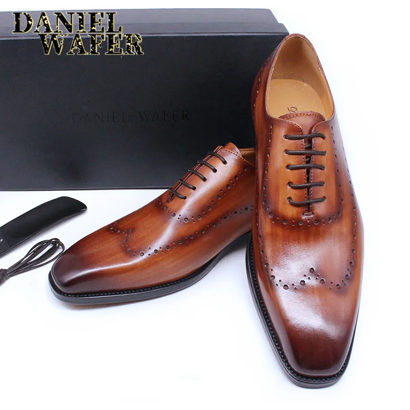 Men Oxford Brogue Genuine Leather Shoes 