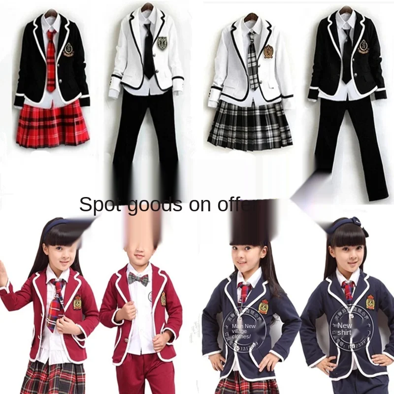 Kids Girls British Style School Uniform Costume Coat + Shirt Tie Mini Skirt  Sets