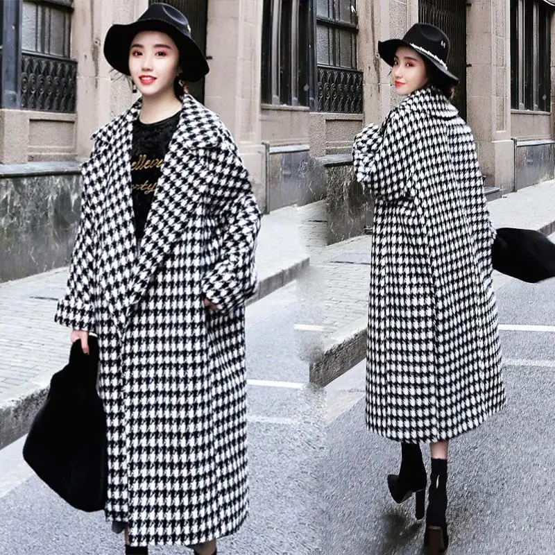 Winter Women Long Plaid Woolen Coat 