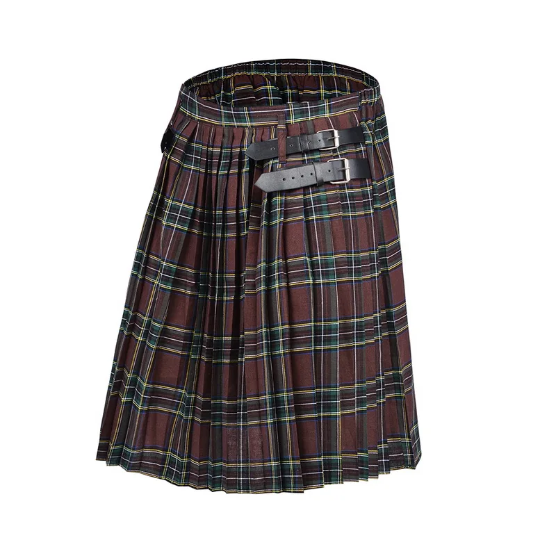 2020 Scottish Mens Kilt Traditional Plaid Belt Pleated Bilateral Chain Brown Gothic Punk Scottish Tartan Trousers