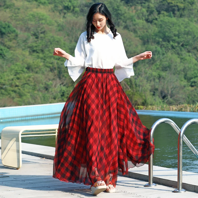 red silk pleated skirt