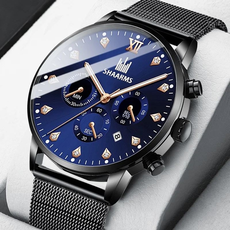 Acquistare Orologi da uomo | 2020 Hot SHAARMS Fashion Men's Wristwatch Blue  DialCasual Quartz Watch Stainless Steel Mesh Band Watch Date Clock Reloj  Hombre