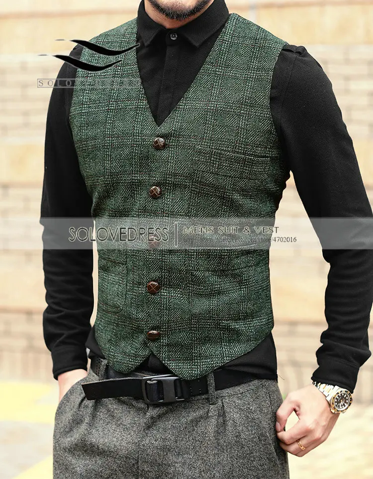 Dark Green Plaid Vest For 
