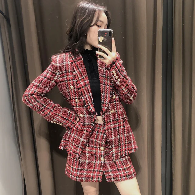 red plaid tweed blazer