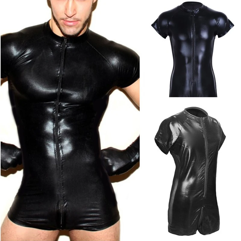Sexy Men Faux Leather Jumpsuit Front 
