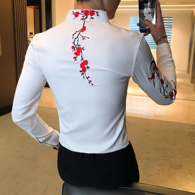 Embroidery Floral Men's Shirt Long 