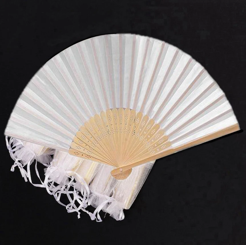 24 pcs/lot White Folding Elegant Silk Hand Fan with Gift bag Wedding & Party 21cm