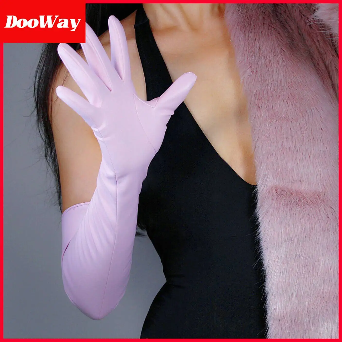 DooWay LONG LATEX GLOVES Faux Leather PU Light Pink Princess Evening Dress Opera Party Gloves
