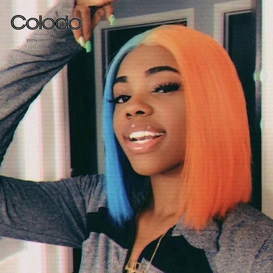 Acquistare Parrucche Del Merletto 13x4 Colodo Brazilian Remy Half Blue Half Orange Wig Ombre Lace Front Wig Pre Plucked Purple Short Human Hair Wig For Women