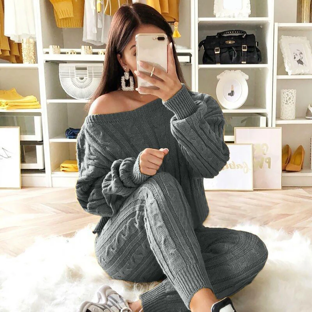 Women Autumn Winter Two Piece Set Knit 