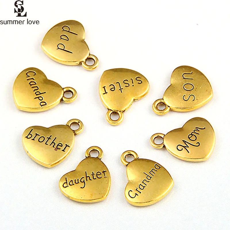Alloy Mom Charms Pendant Engraved Daughter Son Brother Sister Dad Vintage Peach Heart Charm For DIY Family Jewelry Making 10Pcs-animated-img