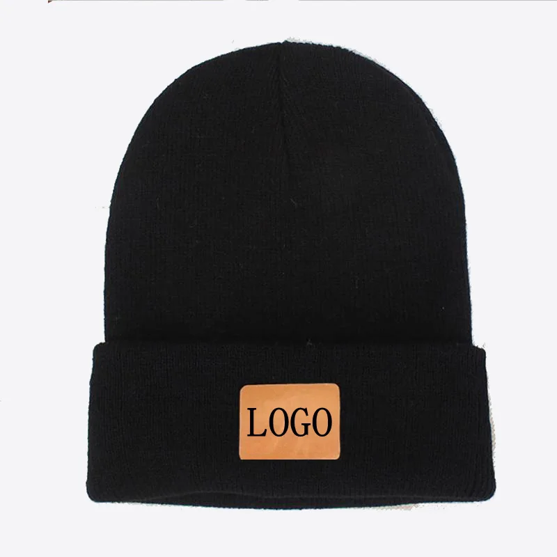 Print Leather Logo Beanie Hats Custom 