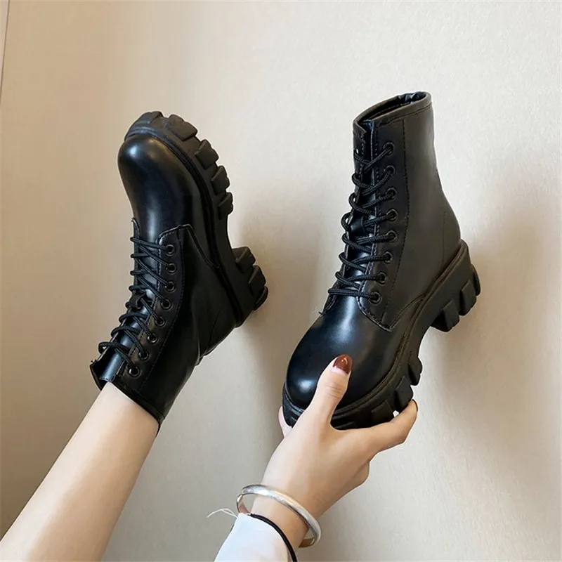 black round toe lace up boots