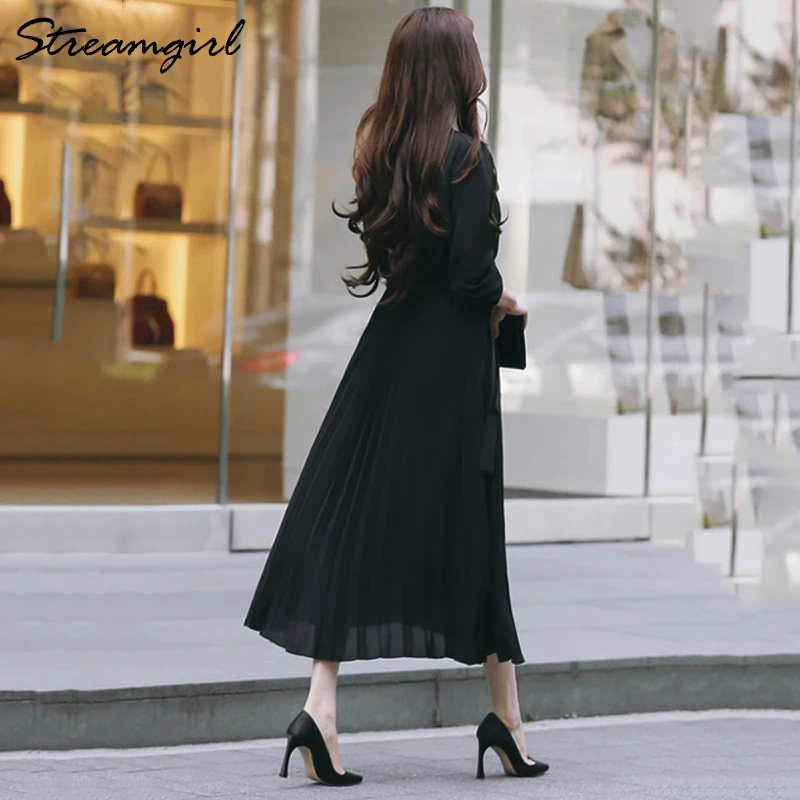 Pleated Dress Women Elegant Maxi Shirt 