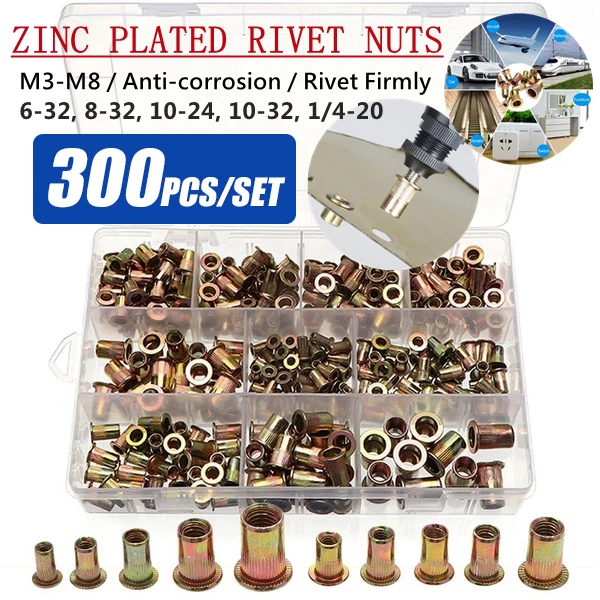 300 pièces écrous à rivets en aluminium fileté insert Nutsert 6‑32/8‑32/10‑24/10‑32/1/4‑20/M3/M4/M5/M6/M8 